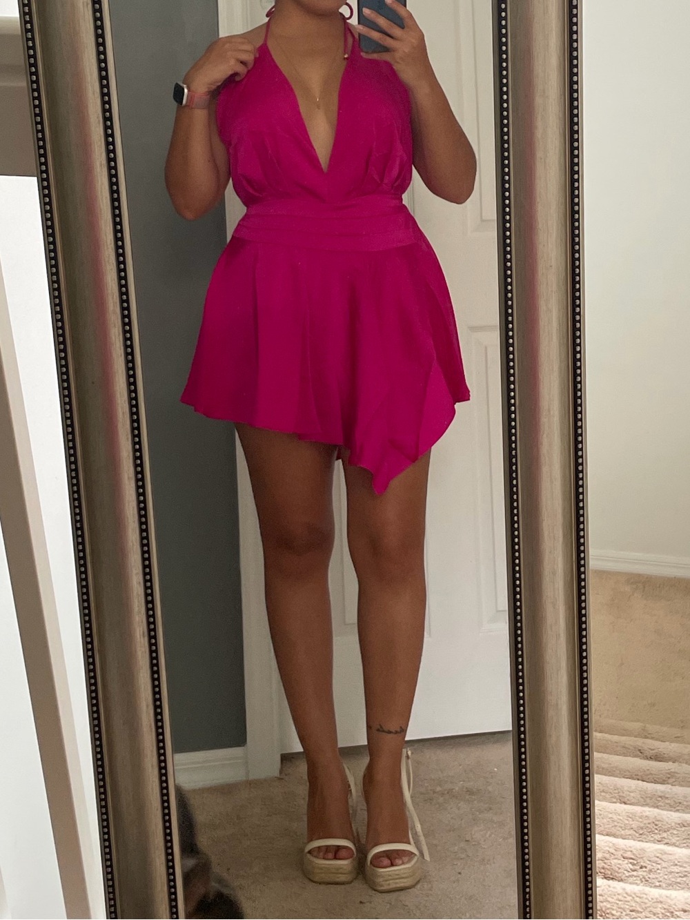 Plunging Neck Fuchsia Skort - Women's High-Waist Asymmetric Skort